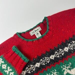 LL Bean WMNS L VTG Christmas Scotland Wool Sweater Red Fair Isle Reindeer